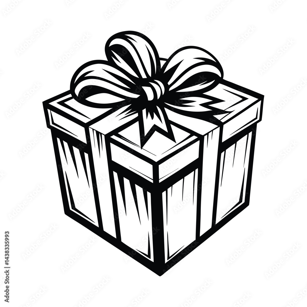 Obraz premium Monochrome Gift Box Outlined Present with Elegant Bow, Isolated on White Background