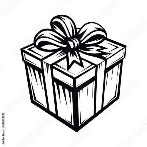 Monochrome Gift Box Outlined Present with Elegant Bow, Isolated on White Background