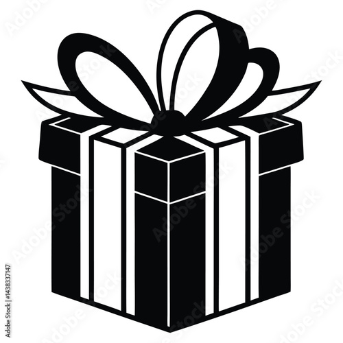 Stylized Black Gift Box Outline with Bow, Ribbon, Stripes, Isolated on White