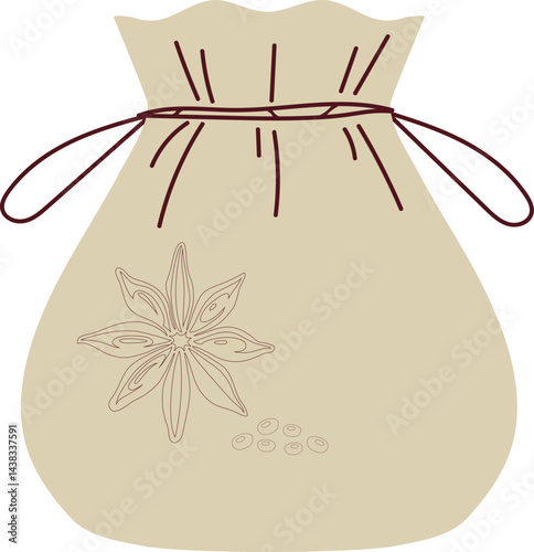 This image shows a simple beige spice bag decorated with a anise plant and tied with brown twine.