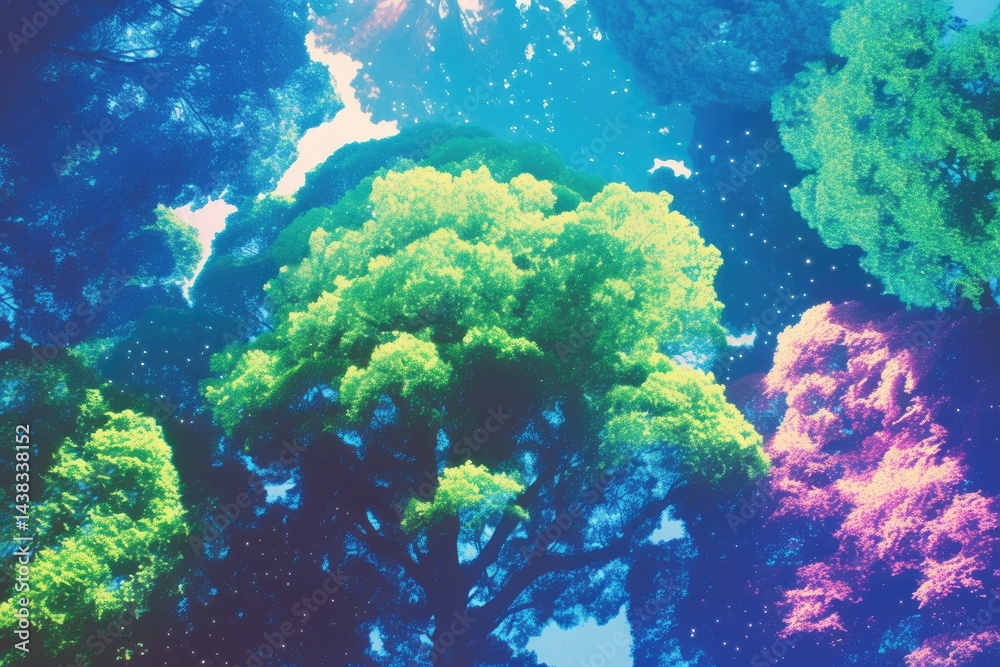Fototapeta premium Enchanted Forest Canopy: A surreal dreamscape of vibrant, multicolored treetops, bathed in ethereal light, creates a whimsical and enchanting atmosphere.