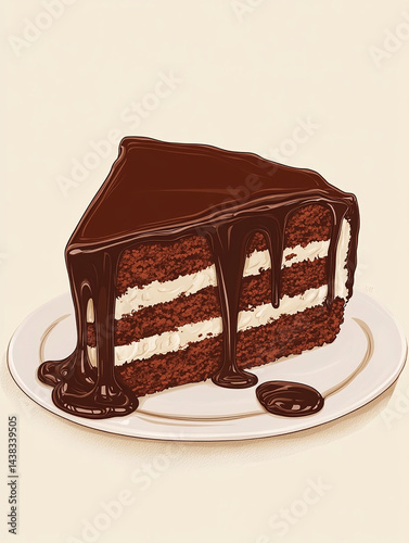 a cut piece of runny chocolate on a white plate, the chocolate sauce flows out of the center of the cake, the chocolate sauce is white and flows slowly along the cut side of the cake
