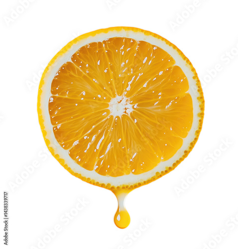 Juicy orange slice dripping with refreshing juice on transparent background