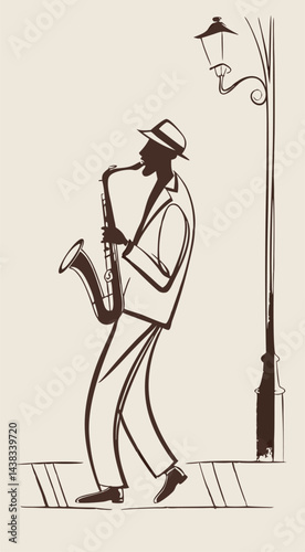 Clean design of a street musician with an emphasis on minimalism and a dark beige palette for contemporary art
