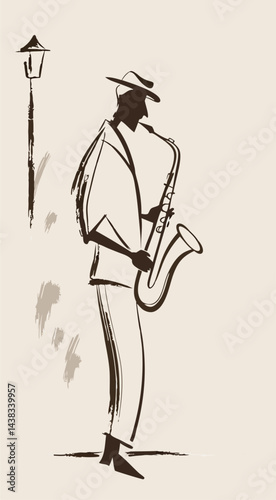 Minimalistic drawing of a street musician with a saxophone in dark beige tones on a neutral background
