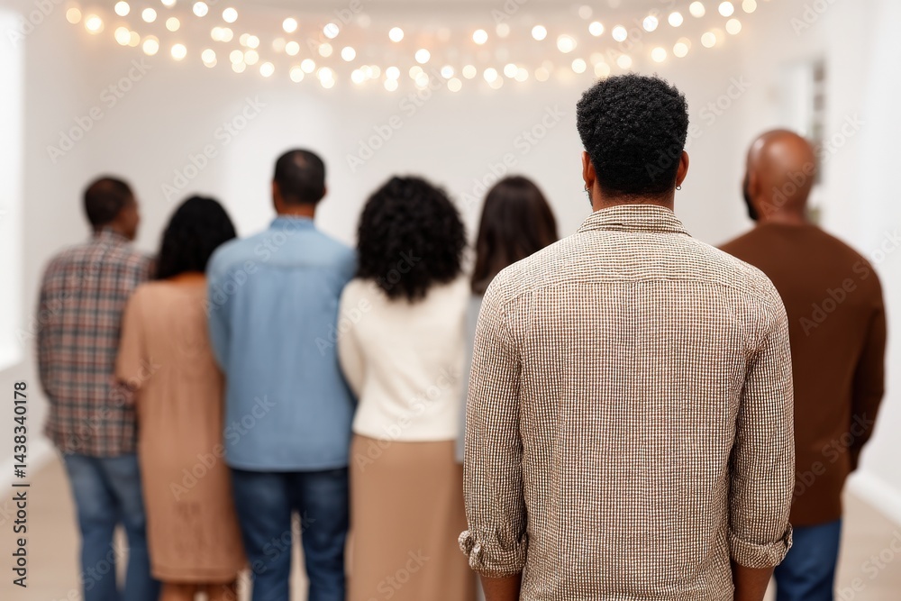 Group of people seen from behind in casual clothing gathering under ambient light forming symbolic concept of community inclusion social cohesion and diversity