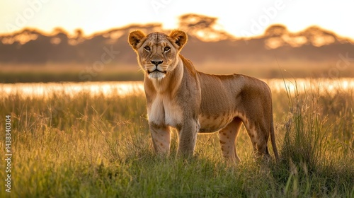 Wallpaper Mural A majestic lion standing in a grassy savanna, golden sunset in the background, wild African landscape Torontodigital.ca