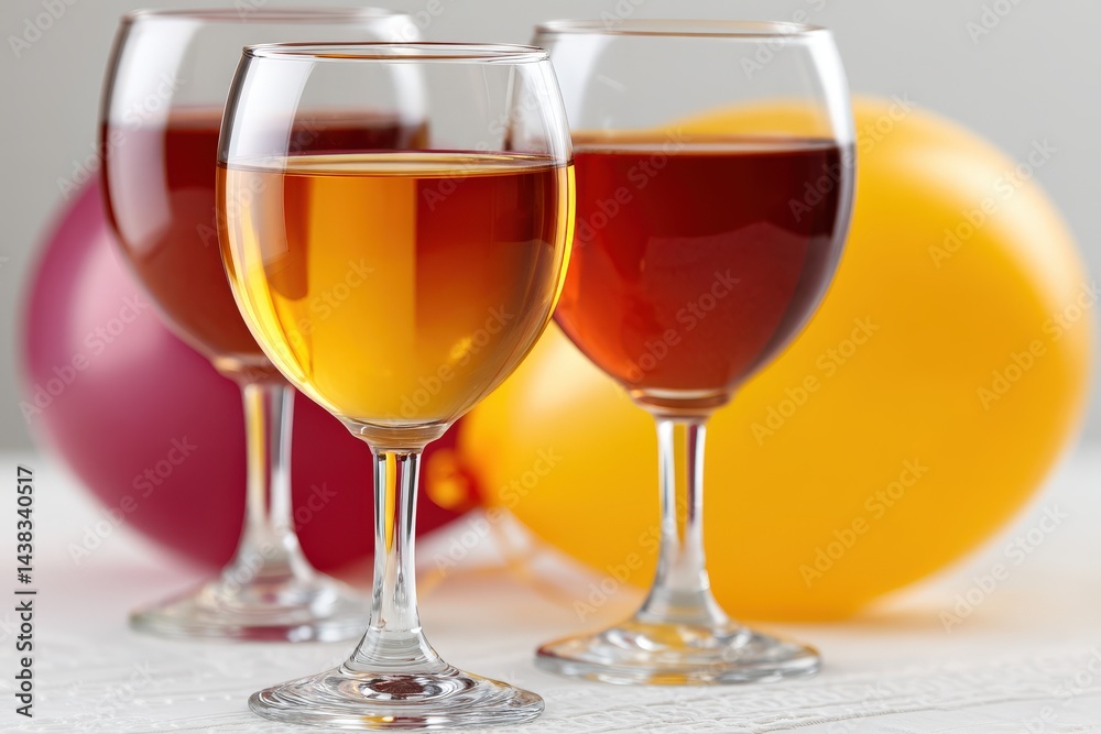 Two filled wine glasses beside colorful balloons on white surface under diffuse lighting creating minimal celebratory still life with soft reflections and wine aesthetic Two filled wine glasses beside colorful balloons on white surface under diffuse lighting creating minimal celebratory still life with soft reflections and wine aesthetic