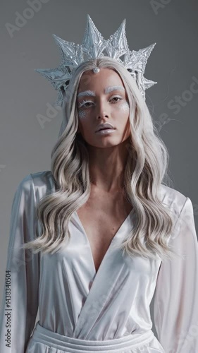 Vertical shot - Snowy mountain model, ice queen, white dress