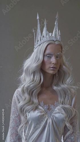 Vertical shot - Snowy mountain model, ice queen, white hair, crown