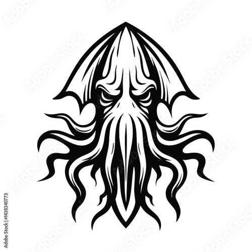 Cthulhu Silhouette Kraken Style, Black and White Isolated Sea Monster Mythical Creature