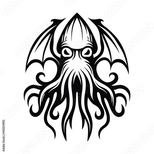 Monochrome Cthulhu Silhouette Mystical Winged Creature with Tentacles and Black Design