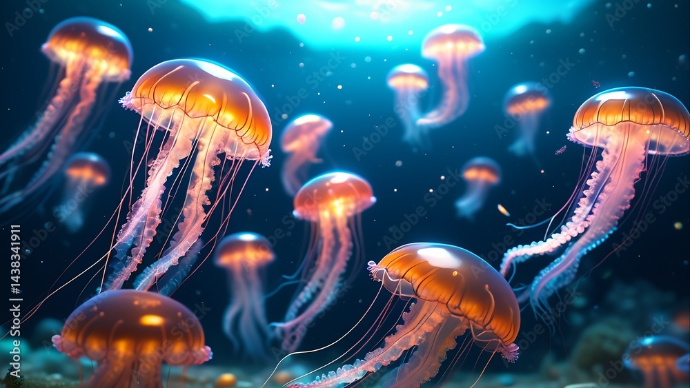 Naklejka premium Luminous Jellyfish Dream - Underwater Marine Life with Bioluminescence for Educational Charts, Science Illustrations, Calming Wall Art.