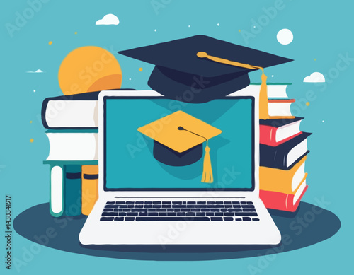 Online Education Vector Illustration with Laptop, Books, and Graduation Cap for E-learning Platforms and Digital Courses.