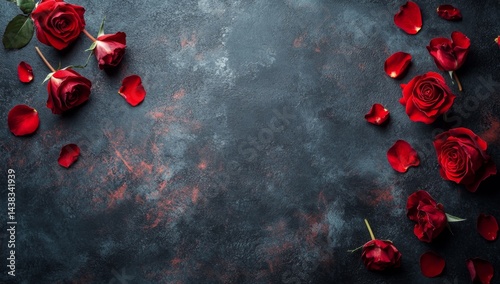 Romantic red roses scattered on a dark textured surface