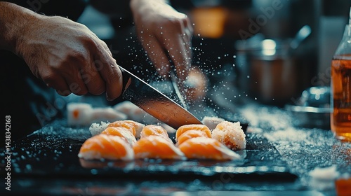 A close-up of a professional chef preparing sushi, sharp knives, fresh fish, traditional Japanese culinary art