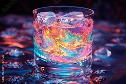 A glass filled with vibrantly colored liquid and ice, illuminated with neon lights.
