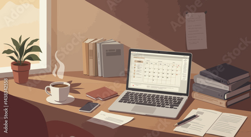 A Cozy Workspace Scene with Coffee, Plants, and Books