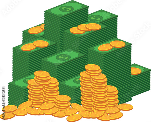 vector illustration of stack of dollar bills and gold dollar coins, suitable for economics and finance fields