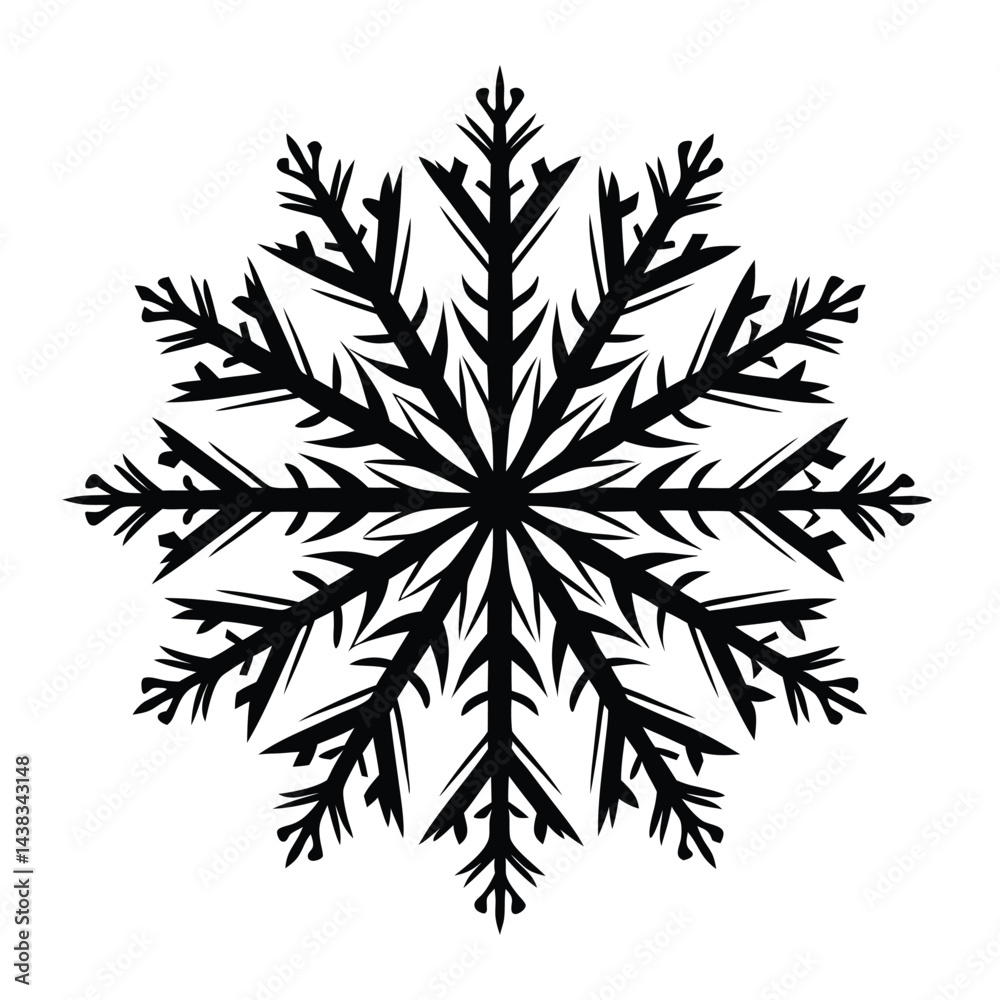 Obraz premium Simple Snowflake Black Silhouette on White Background Winter, Christmas, Isolated