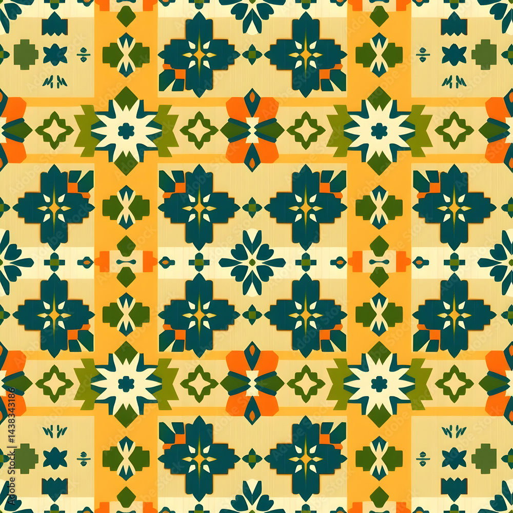 Swedish Rölakan pattern with amber, deep blue, olive tones, seamless pattern.
