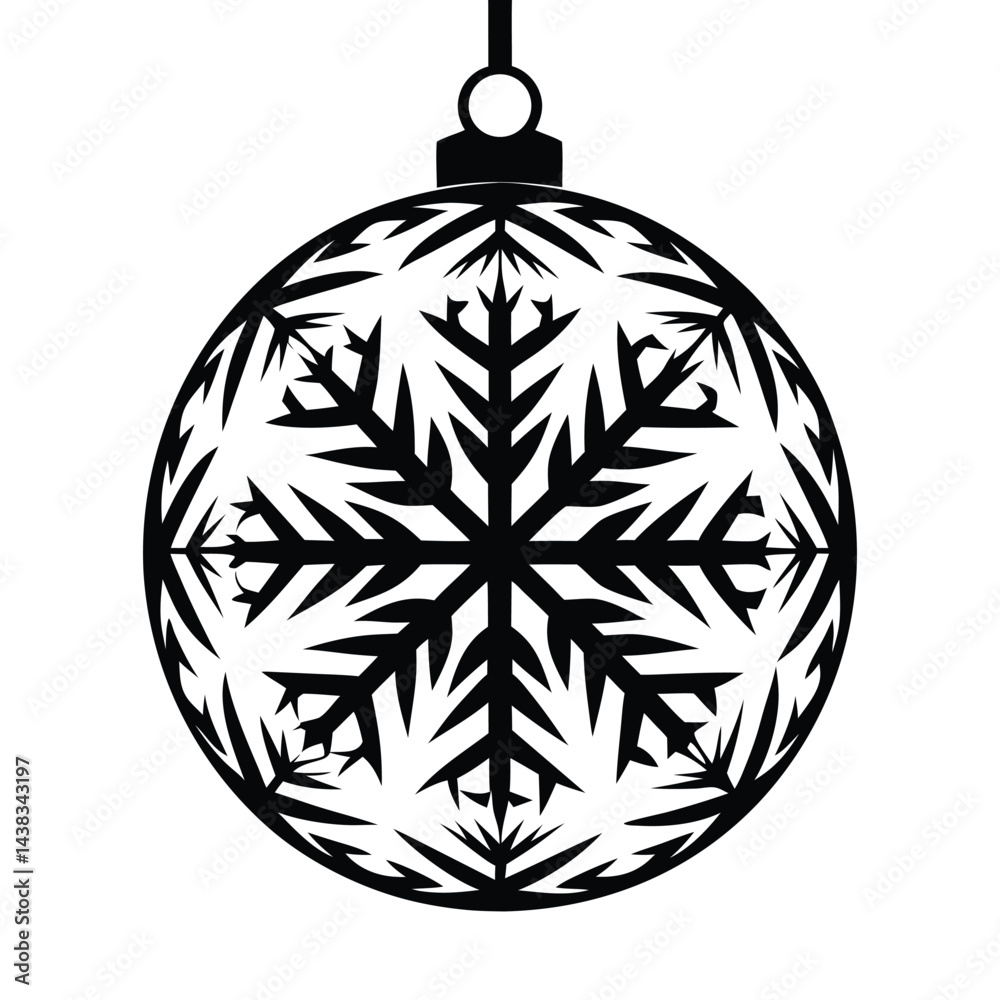 Fototapeta premium Bauble Ornament Silhouette Elegant Black & White Snowflake on Round Hanging Decoration