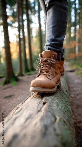 Hiking boots on fallen log in forest