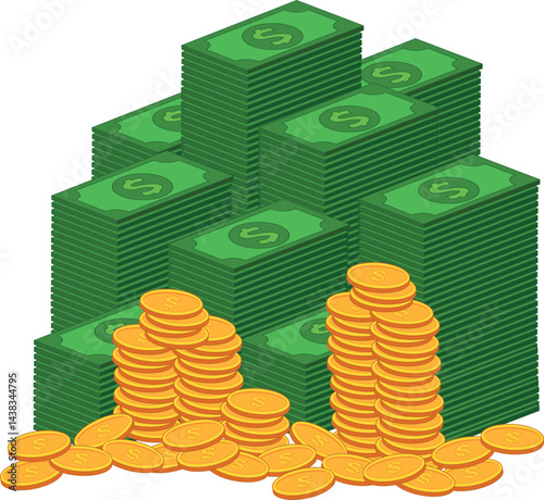 vector illustration of stack of dollar bills and gold dollar coins, suitable for economics and finance fields