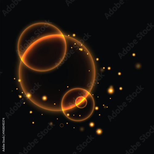 Abstract golden bokeh, luminous orbs, overlapping circles with bright inner glow and soft outer glow, scattered tiny golden sparks, dark black background, ethereal, magical, warm color palette