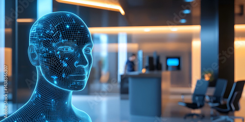 Futuristic hologram of human head with digital network, virtual reality.