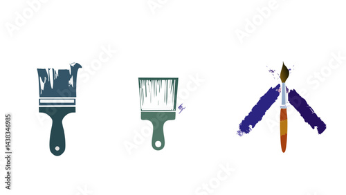Isolated work equipment shows a blue paint brush with blue paint and a blue paint roller with paint