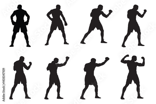 Set of boxing fighter silhouettes in different poses, isolated black figures on white background