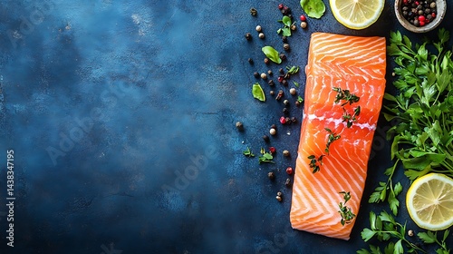 Salmon Fillet with Lemon and Herbs on Dark Blue Textured Surface, Top View, Seafood