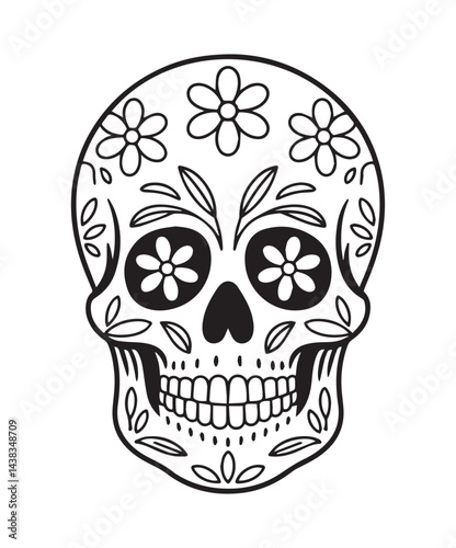 Simple skull coloring page for kids Halloween festive design, black line art vector illustration on white background