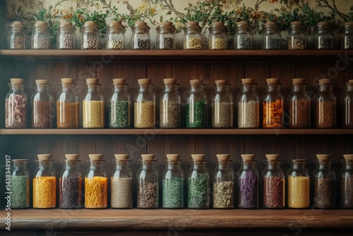 Wallpaper Mural A wooden shelf displays an array of glass jars filled with various spices and dried ingredients, creating a rustic and inviting atmosphere. Torontodigital.ca
