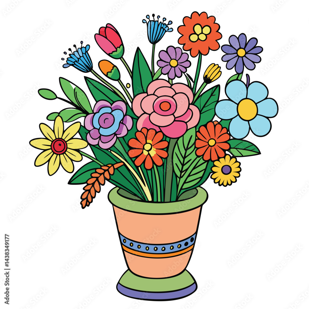 Obraz premium Groovy Flower Bouquet Retro Floral Arrangement in a Ceramic Vase Design