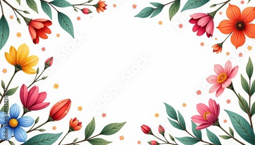 Delicate floral pattern with colorful flowers and leaf elements on white background, beautiful, design, garden