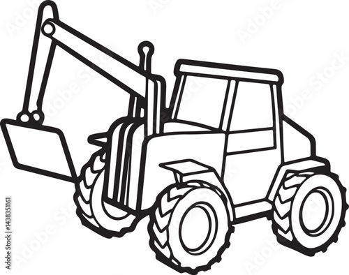 telehandler machine line art, black outline, vector and illustration, coloring book page line art drawing
