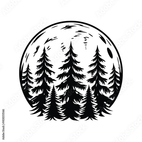 Dense Fir Forest Silhouette Encapsulated within Black Circular Border, Isolated on White