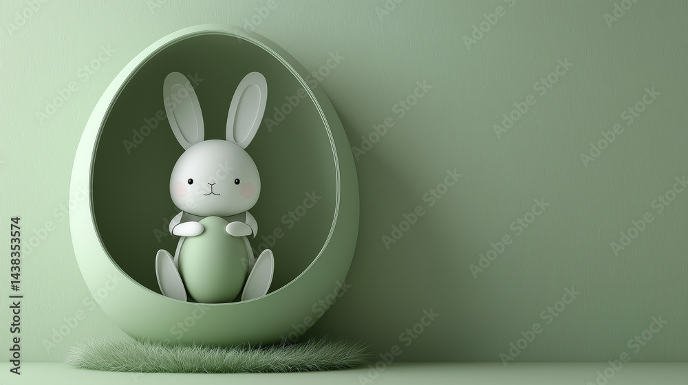 Obraz premium Minimalist Easter background, white paper-cut rabbit holding green Easter egg, inside green egg-shaped frame, soft grass at the bottom, monochromatic light green background, paper art style, 3D layere
