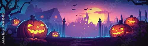  Dark Forest with Glowing Halloween Pumpkins.