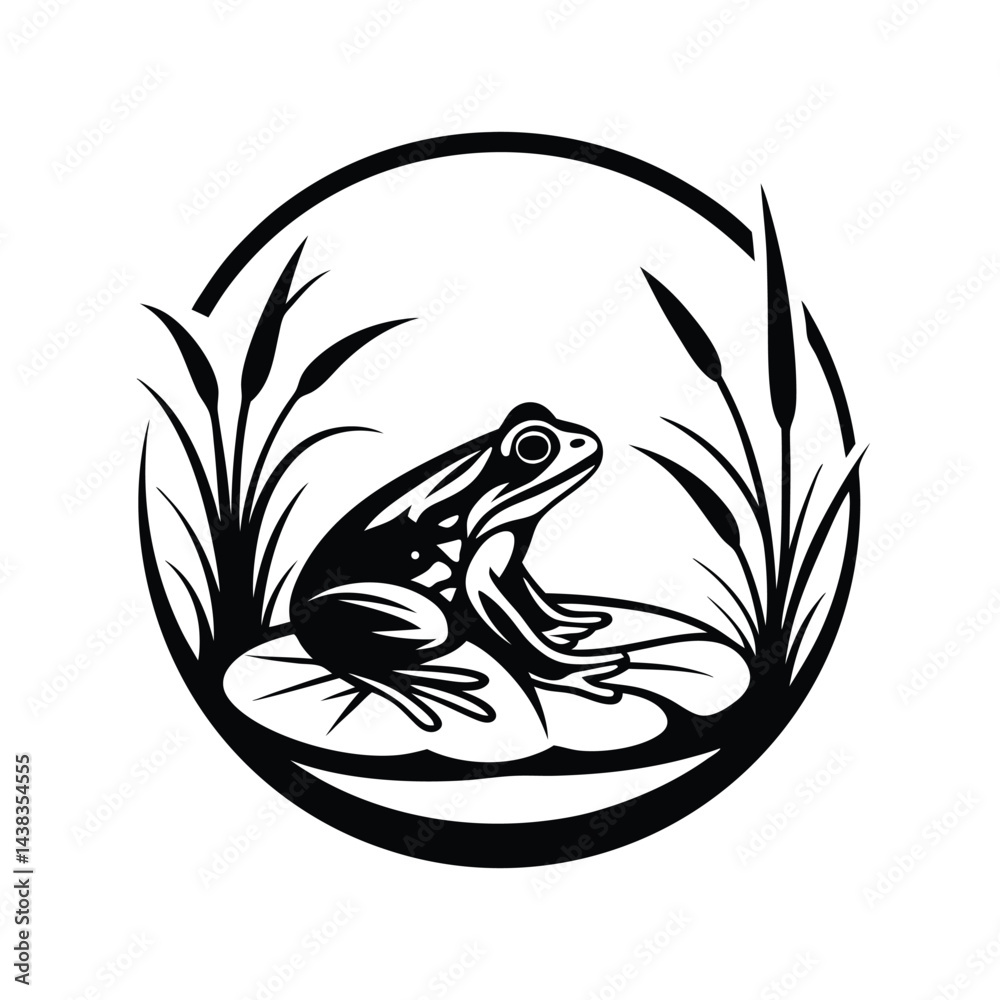 Fototapeta premium Detailed Black and White Frog on Lily Pad Surrounded by Cattails Inside Circle Design