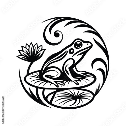 Stylized Frog on Lily Pad with Floral Ornamentation in Circular Black and White Motif
