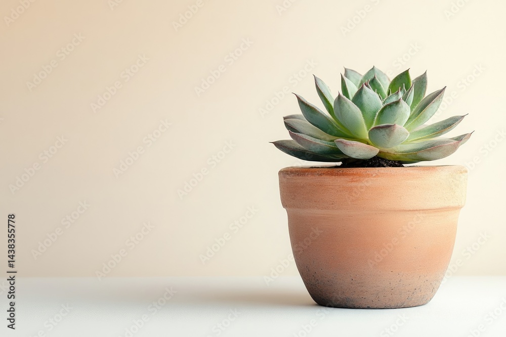 A single succulent plant in a terracotta pot against a beige background. A single succulent plant in a terracotta pot against a beige background.