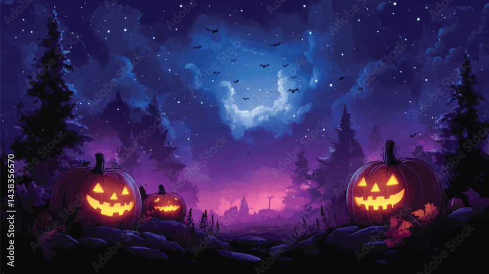 Smiling Jack-o’-Lanterns in Creepy Halloween Scene. Smiling Jack-o’-Lanterns in Creepy Halloween Scene.