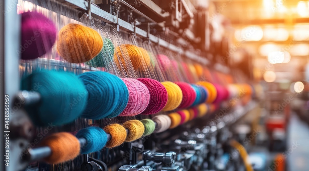 Colorful Thread Spools on Industrial Textile Machinery