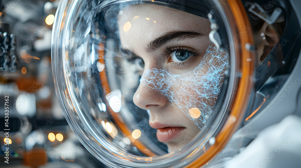 A futuristic astronaut gazes intently through a transparent helmet. A network of lines glows on her face suggesting advanced technology possibly a brain interface. Perfect for sci-fi visualizations. A futuristic astronaut gazes intently through a transparent helmet. A network of lines glows on her face suggesting advanced technology possibly a brain interface. Perfect for sci-fi visualizations.
