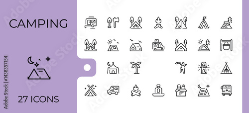 Camping icon set. Included tourism, tour, hiking, kayak, tent, travel and more. Line icons with editable stroke. Camp icon set. Editable stroke. Vector illustration.