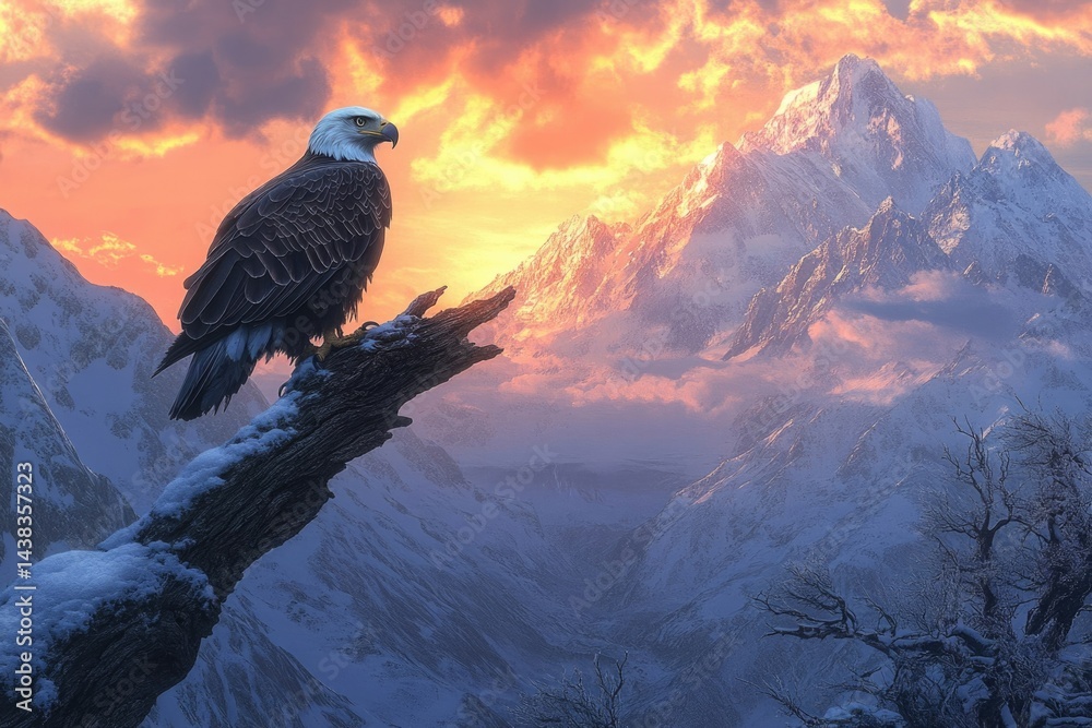 Fototapeta premium Majestic bald eagle perched on a snow-covered branch, overlooking a breathtaking sunset over a majestic mountain range.