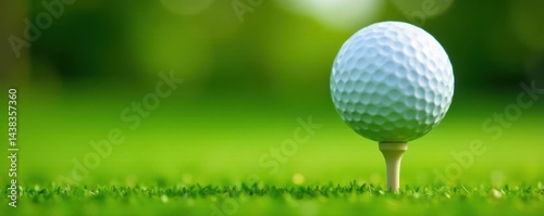 Close-up of golf ball on tee, green background, royalty free, precision, score